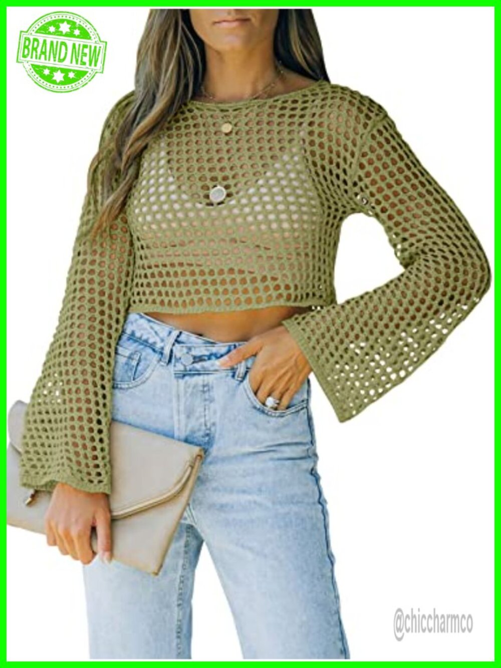 Womens Crochet Crop Top Long Sleeve Mesh Fishnet Summer Cover-Up